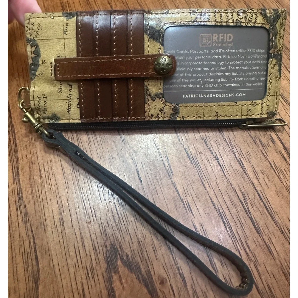 Patricia Nash Vintage Map Leather RFID Card Case Wristlet Wallet Brown Tan